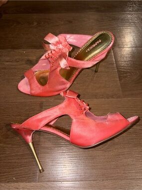 Paprika Coral Satin Lace-Up Open-Toe Stiletto Heels with Bow